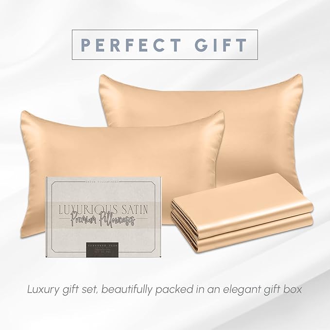 Elegant Comfort 4-Pack Cooling Viscose Satin Pillowcase Set with Hidden Zipper Closure, Silky Smooth for Hair and Skin Care-Beautiful Gift Box-4-Piece Satin Pillowcase Set, Standard/Queen, Champagne