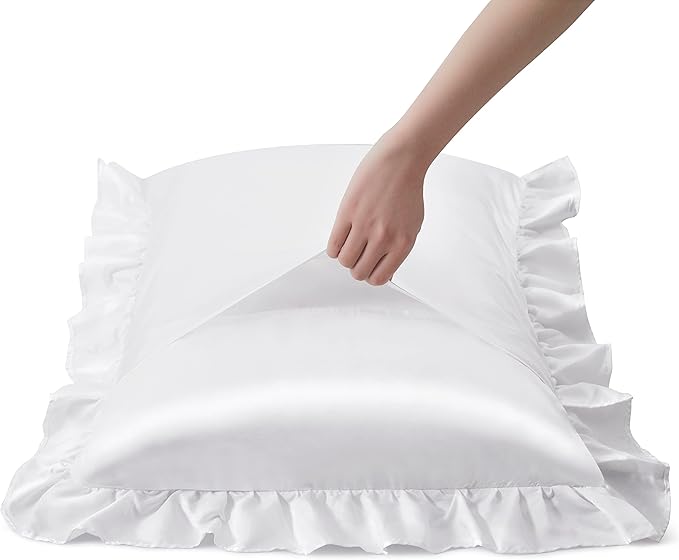 White Satin Ruffled Pillow Cases for Hair and Skin,White Silk Pillowcases Standard Set of 2 with Envelope Closure Princess Room Decoration