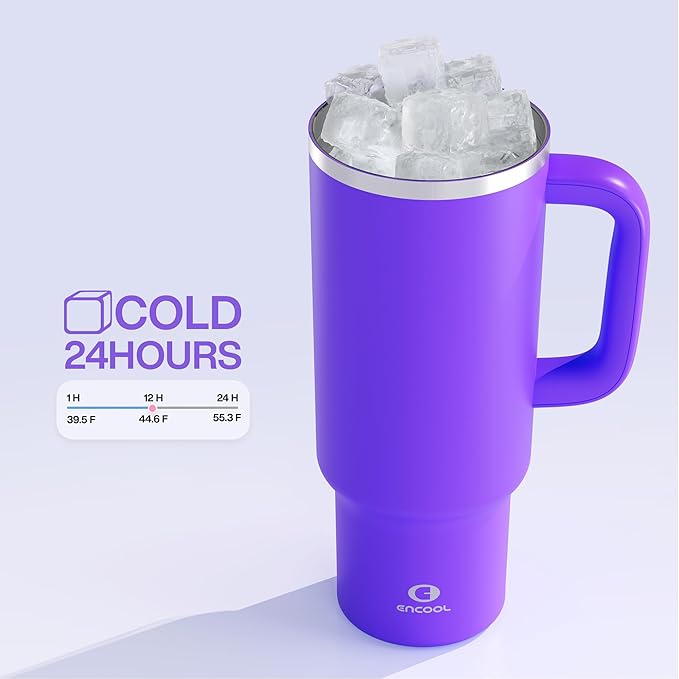 40 oz Tumbler with Handle and Straw: Stainless Steel Insulated Tumbler Keeps Cold for 24 Hours, Leakproof Travel Cup Fits in Cup Holder and BPA-Free,Violet