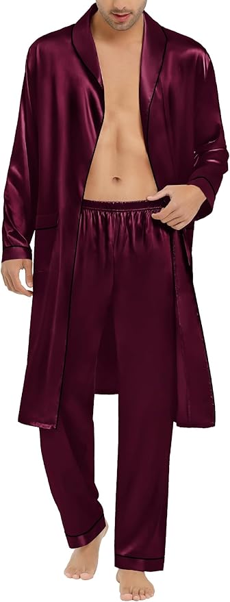 SWOMOG Men's Satin Robe Silky Kimono Bathrobe with Shorts Set Lightweight Soft Loungewear Nightwear
