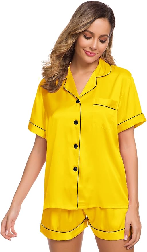 SWOMOG Womens Silk Satin Pajamas Set Short Sleeve Sleepwear Button Down Top and Shorts Loungewear 2 Piece Pjs Set XS-3XL