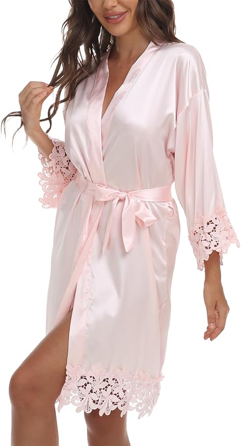 Womens Short Satin Robe Lace Trim Silk Kimono Sleepwear Bridesmaid Robes for Bride Wedding Party Nightgown