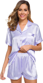 SWOMOG Womens Silk Satin Pajamas Set Short Sleeve Sleepwear Button Down Top and Shorts Loungewear 2 Piece Pjs Set XS-3XL