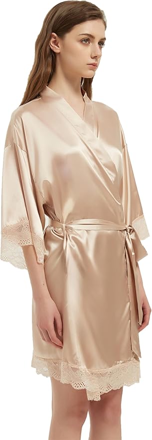 Kihnop Women's Satin Robe Silk Robe Lace Bridal Robes for Bride Bridesmaid Robes Silky Bathrobe Getting Ready Sleepwear