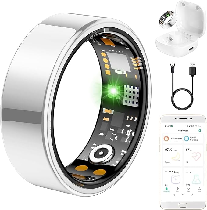 Ring Health Tracker for Women Men, Fitness Ring with Heart Rate, Blood Oxygen, Sleep Monitor, Calories, Step Counter, IP68 Waterproof Smart Ring for iPhone & Android, No Subscription Fee (Silver, 9#)