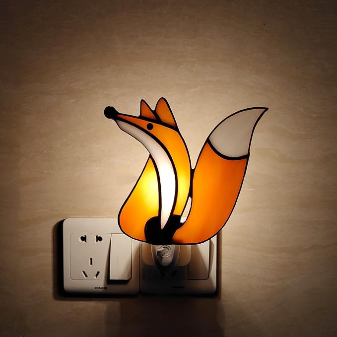 CHEZBABY Stained Glass Night Light Plug into Wall Lamp Decorative Accent Nightlight for Hallway Bedroom Bathroom Kitchen Home Décor(Fox)