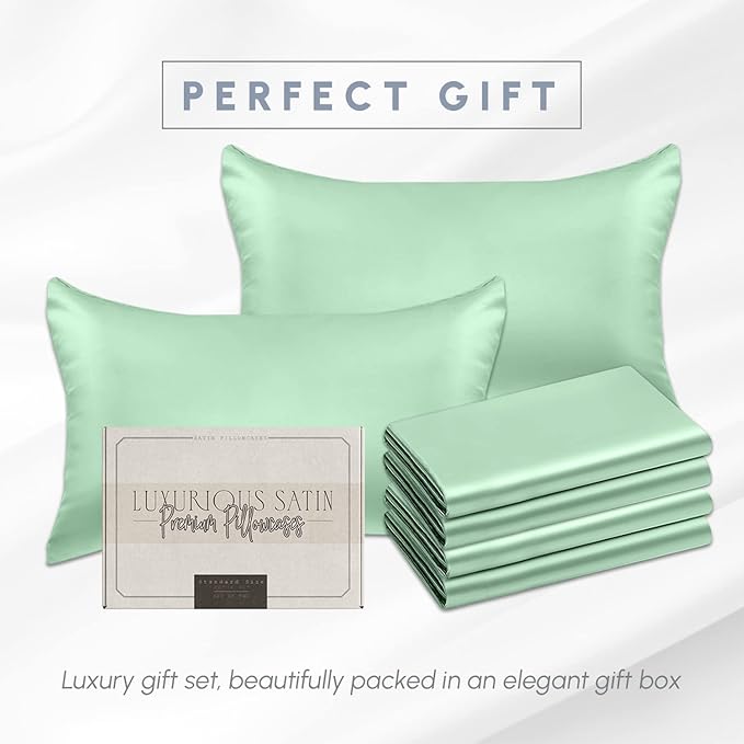 Elegant Comfort 6-Pack Cooling Viscose Satin Pillowcase Set with Hidden Zipper Closure, Silky Smooth for Best Hair and Skin Care-Beautiful Gift Box-6-Piece Satin Pillowcase Set, King, Mint Green