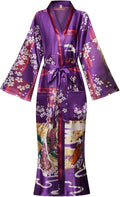 Valennia Women Long Silky Bathrobe Satin Kimono Robe Floral Printed Dressing Gown Sleepwear