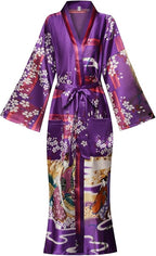 Valennia Women Long Silky Bathrobe Satin Kimono Robe Floral Printed Dressing Gown Sleepwear
