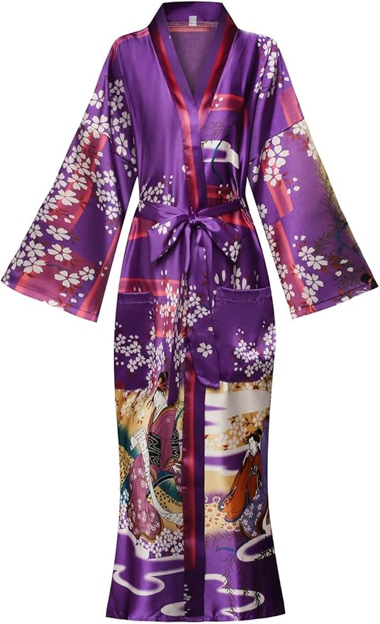 Valennia Women Long Silky Bathrobe Satin Kimono Robe Floral Printed Dressing Gown Sleepwear