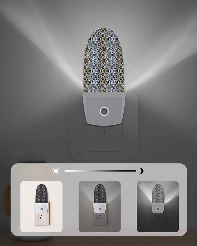 Night Light Plug into Wall, Floral Flowers Line Art Vintage Baroque National Purple Peach Green Brown Blue Popsicle Shape Night Light LED Nightlight with Light Sensors for Kids Bedroom Hallway