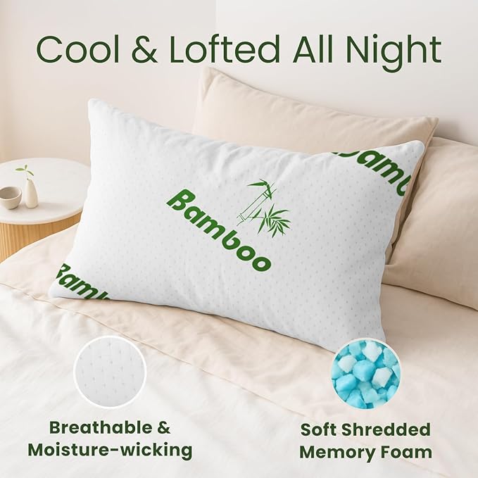 Shredded Memory Foam Pillow Queen Size - Cooling Bed Pillow for Sleeping for Stomach, Back and Body - 1 Pack Queen Soft Comfy Cool Memory Pillows for Side Sleeper