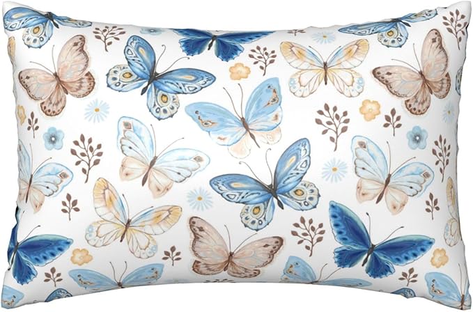 Vintage Blue Brown Butterfly 1 Pack Satin Pillowcase for Hair and Skin Floral 1 Pack Satin Pillowcase with Hidden Zipper Soft Breathable Cooling Pillow Cover Queen Size for Bedroom Sofa 20”x30”