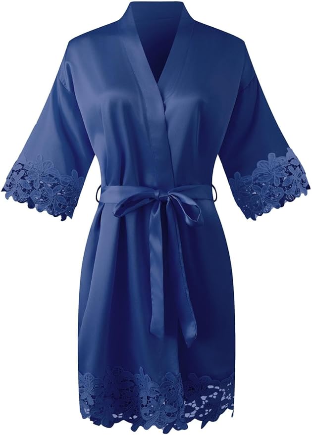Womens Short Satin Robe Lace Trim Silk Kimono Sleepwear Bridesmaid Robes for Bride Wedding Party Nightgown