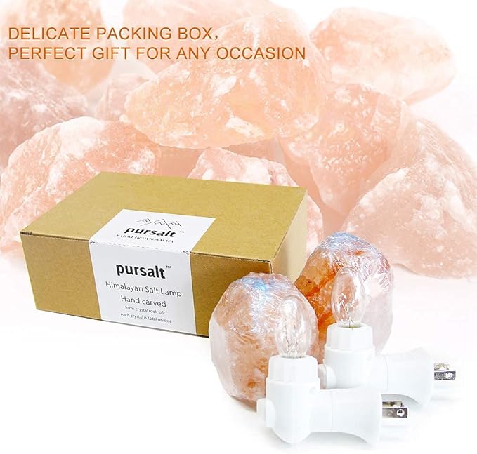pursalt 2 Pack Himalayan Natural Salt Lamp Night Light Plug in, Certificated 360 Degree Rotatable Wall Plug with Extra 4 Replacement Bulbs for Bathroom Bedroom, Pink Crystal Rock Salt Hand Crafted