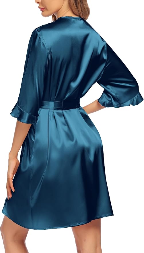 Ekouaer Women's Satin Robe Valentines Lingerie for Women Kimono Bathrobe Short Ruffle Belted Robes Bridesmaids Sleepwear