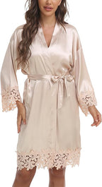 Womens Short Satin Robe Lace Trim Silk Kimono Sleepwear Bridesmaid Robes for Bride Wedding Party Nightgown