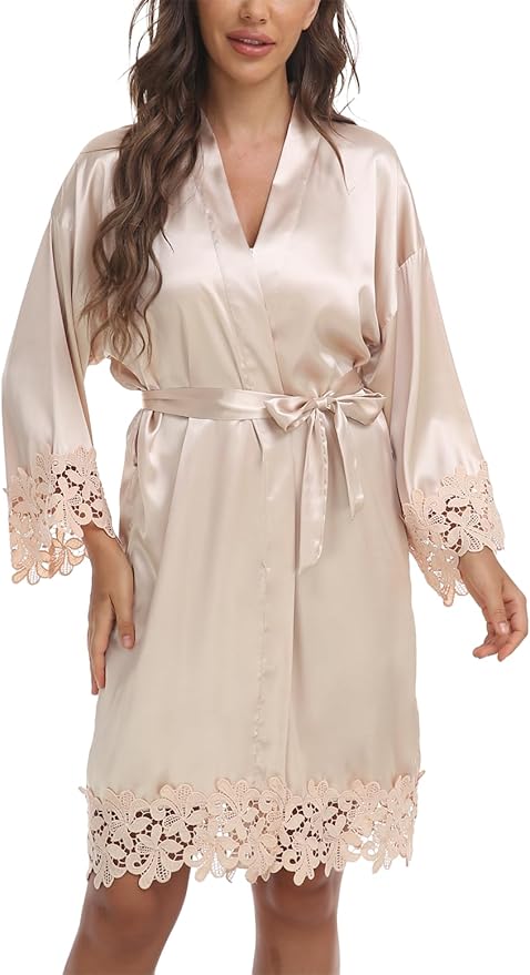 Womens Short Satin Robe Lace Trim Silk Kimono Sleepwear Bridesmaid Robes for Bride Wedding Party Nightgown