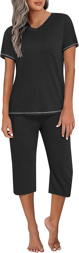 Ekouaer Women's Sleepwear Capri Pajama Sets Short Sleeve Two-Piece Pjs V Neck Tops & Capri Pants with Pockets S-3XL