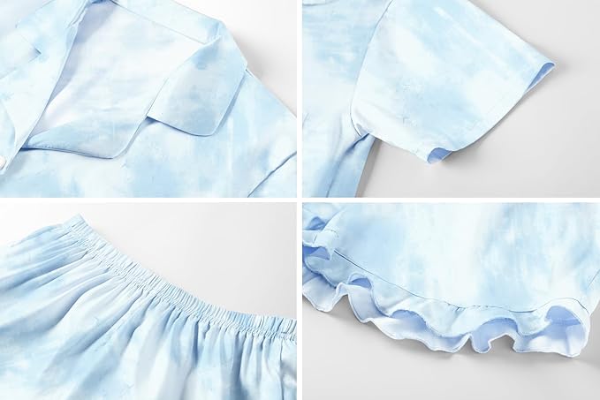 Umeyda Girls & Women Satin Pajamas Set Button Down 2 Piece Silk Pjs Shorts Set Ruffle Sleepwear, 5 Years-Women L