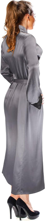 Aus Vio 100% Natural Charmeuse Silk Luxurious Satin Robe with Black Lace, Buttery Soft to Touch, Durable, Breathable, Hypoallergenic Season, M/L, Gray