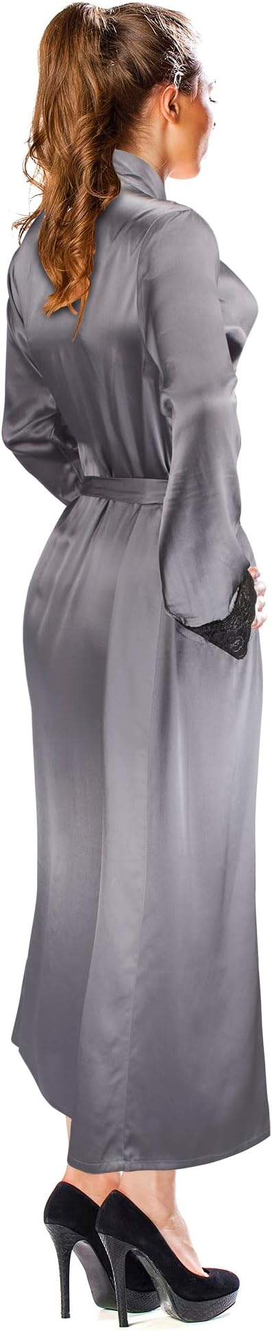 Aus Vio 100% Natural Charmeuse Silk Luxurious Satin Robe with Black Lace, Buttery Soft to Touch, Durable, Breathable, Hypoallergenic Season, M/L, Gray