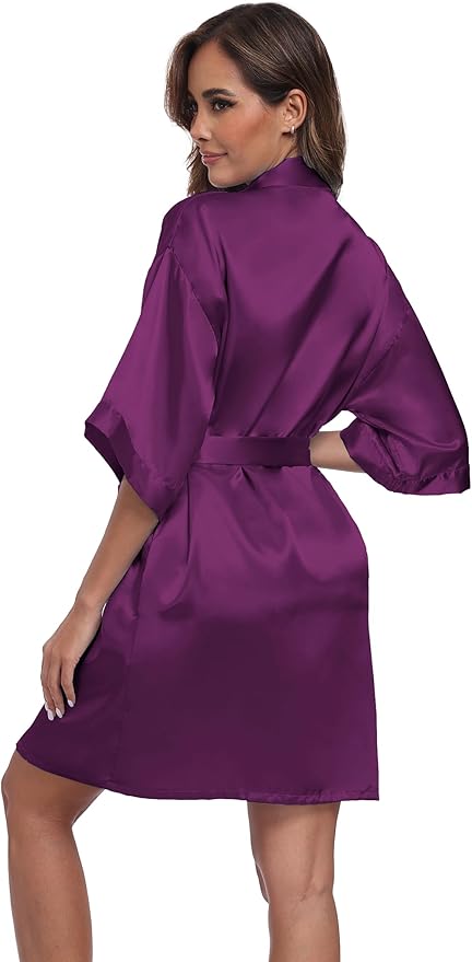 Women's Short Satin Robes Silky Bathrobe Bridesmaid Sleepwear for Wedding Party Getting Ready Solid Color