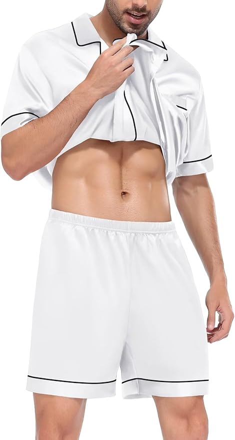 SWOMOG Satin Matching Pajamas Sets Couple Silk Button Down Nightwear Women & Men Short Sleeve Sleepwear 2 Pieces Loungewear