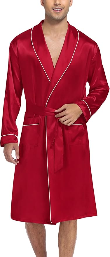 SWOMOG Men's Satin Robe Silky Kimono Bathrobe with Shorts Set Lightweight Soft Loungewear Nightwear