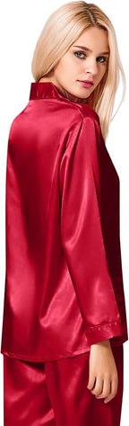 SWOMOG Womens Silk Satin Pajamas Set Long Sleeve Button Down Sleepwear 2 Piece Lounge Set Pj Set XS-3XL