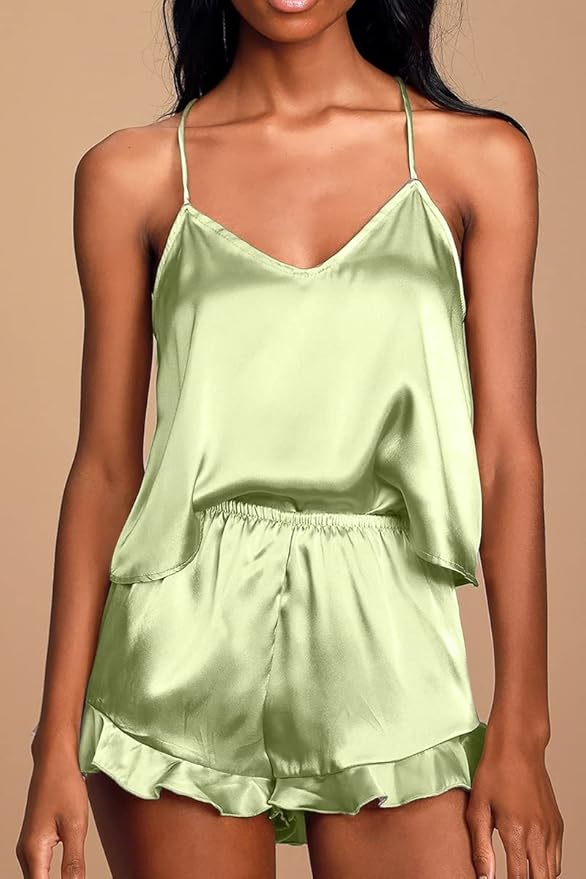CHYRII Women's Sexy Silk Satin Ruffled Pajamas Sets Cami Shorts Sets Sleepwear