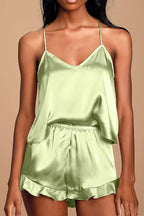 CHYRII Women's Sexy Silk Satin Ruffled Pajamas Sets Cami Shorts Sets Sleepwear