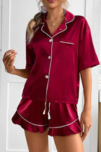 CHYRII Women's Silk Satin Pajamas Two Piece Pj Sets Short Sleeve Tops Ruffled Shorts Sleepwear with Magnetic Diffuser