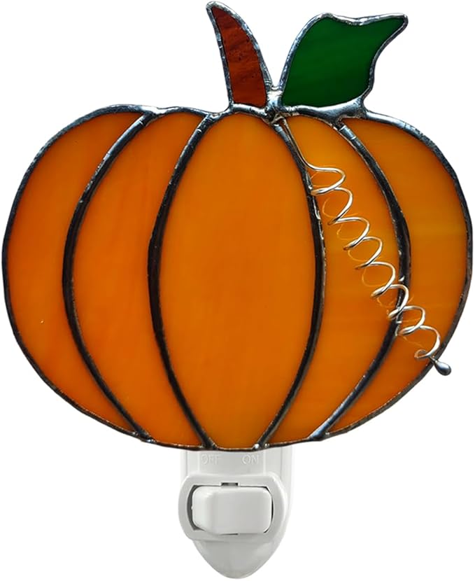 Stained Glass Night Light Plug into Wall Lamp Decorative Accent Nightlight for Hallway Bedroom Bathroom Kitchen Nature Themed Home Décor for Autumn Thanksgiving Halloween(Pumpkin)