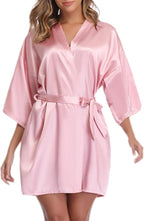 Vlazom Womens Kimono Robes Dressing Gown Satin Bathrobe Nightdress Short Style Bridal Robe