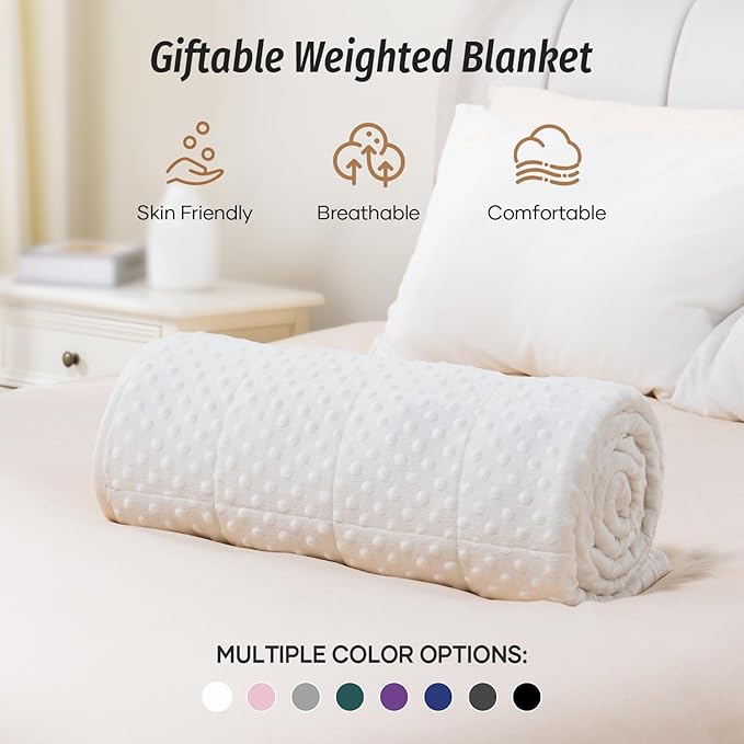Wemore Minky Dot Weighted Blanket for Adults Queen Size 12 lbs, Soft Cozy Heavy Blanket for Bed and Couch, Breathable Blanket for All-Season with Glass Beads, White 60 x 80 inches