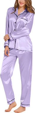 SWOMOG Womens Silk Satin Pajamas Set Long Sleeve Button Down Sleepwear 2 Piece Lounge Set Pj Set XS-3XL