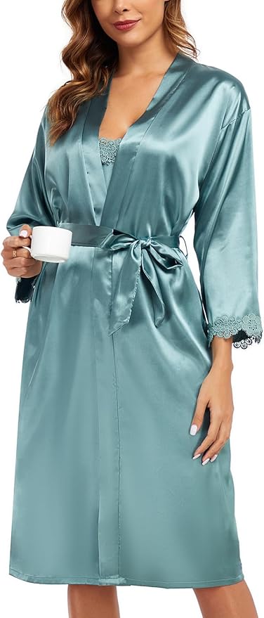 BestWendding Women's Silk Robe Set 2 Pieces Pajamas Sets Sexy Soft Satin Robe with V Neck Camisole Lingerie Nightgown