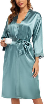 BestWendding Women's Silk Robe Set 2 Pieces Pajamas Sets Sexy Soft Satin Robe with V Neck Camisole Lingerie Nightgown