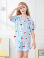 Umeyda Girls & Women Satin Pajamas Set Button Down 2 Piece Silk Pjs Shorts Set Ruffle Sleepwear, 5 Years-Women L