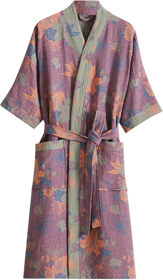 Womens Boho Floral Print Robe Lightweight Short Sleeve Bathrobe Soft Kimono Robes V-neck Loungewear with Pockets