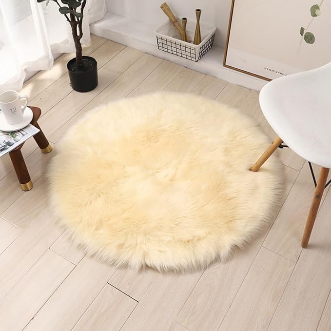 Faux Fur Round Area Rug Soft Fuzzy Carpet Fluffy Plush Mat Home Floor Decoration for Bedroom Living Room Bedside Beige 51.1inch