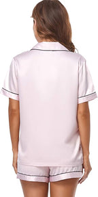 Serenedelicacy Women's Satin Pajama Set 2-Piece Sleepwear Loungewear Button Down Short Sleeve Silky PJ Set