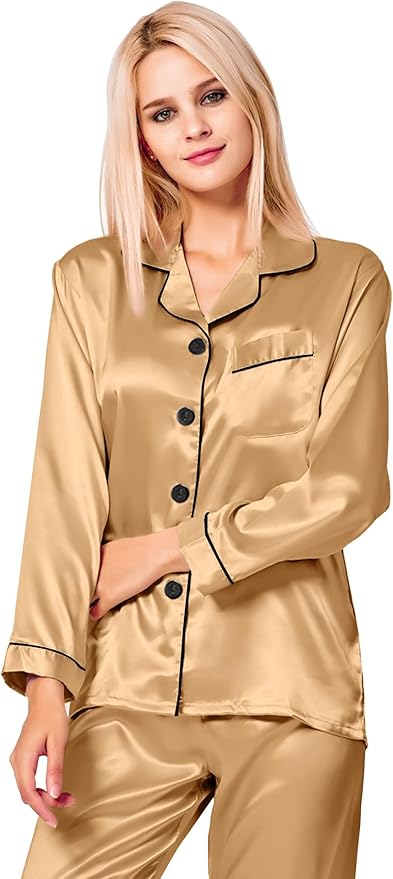 SWOMOG Womens Silk Satin Pajamas Set Long Sleeve Button Down Sleepwear 2 Piece Lounge Set Pj Set XS-3XL