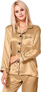 SWOMOG Womens Silk Satin Pajamas Set Long Sleeve Button Down Sleepwear 2 Piece Lounge Set Pj Set XS-3XL