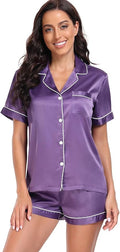 Serenedelicacy Women's Satin Pajama Set 2-Piece Sleepwear Loungewear Button Down Short Sleeve Silky PJ Set