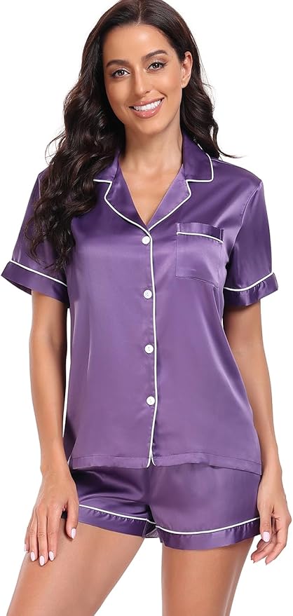 Serenedelicacy Women's Satin Pajama Set 2-Piece Sleepwear Loungewear Button Down Short Sleeve Silky PJ Set