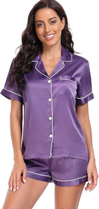 Serenedelicacy Women's Satin Pajama Set 2-Piece Sleepwear Loungewear Button Down Short Sleeve Silky PJ Set