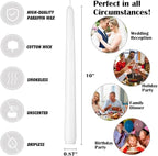 10-Inch White Taper Candles, 12 Pack Unscented and Dripless Candlesticks, Long-Lasting Burn Time of 7-8 Hours, Perfect for Home Décor, Weddings, and Events