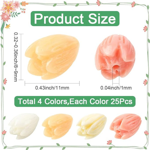 100Pcs 9x11mm Carved Flower Beads Colorful Floral Beads Assorted 3D Jasmine Synthetic Coral Dyed Crafts Smooth Loose Spacers for Jewelry Making Bracelets Necklaces DIY Projects Accessories